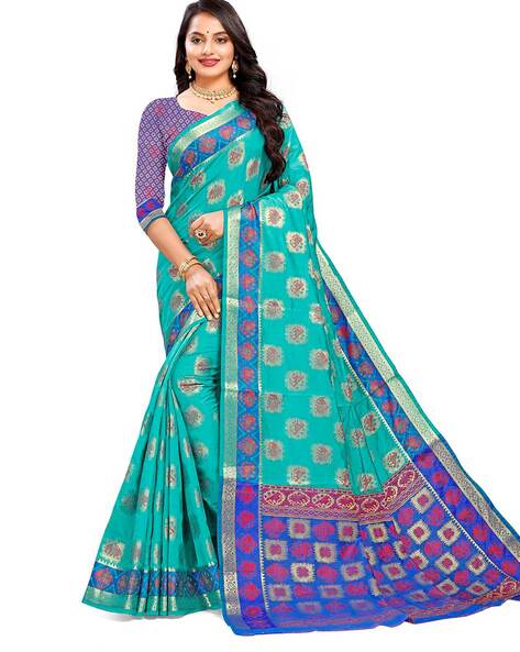 Buy Sassy Hues Women's Present Banarasi Soft Lichi Silk Saree Beautiful  Jacquard Rich Pallu Design Work Zari Woven Kanjivaram Silk Style Saree With  Soft Lichi Silk Blouse Piece (Blue) at Amazon.in