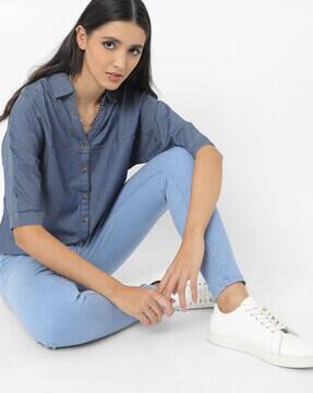 Washed Shirt with Spread Collar