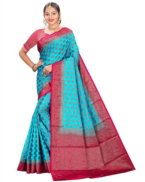 Soft Lichi Silk Saree Rich Pallu Jacquard Work And Contrast Jacquard Border  Blouse - Urban Libaas