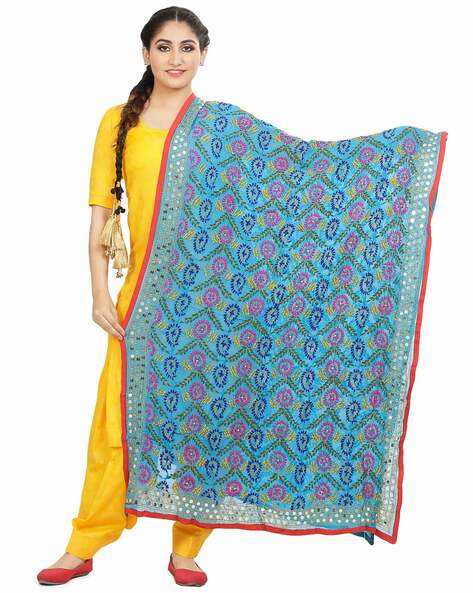 Paisley Embroidered Phulkari Dupatta with Mirror Accent Price in India