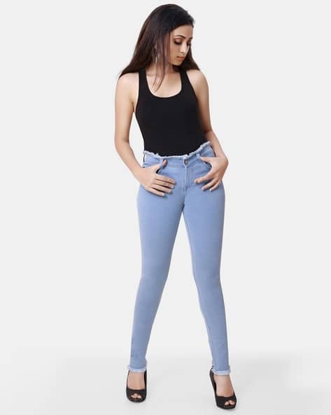 Lightly-Washed Skinny Jeans with Frayed Hems