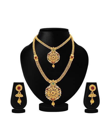 Gold Plated Brass Metal Double Layer Collar Necklace Set with Kundan a –  IndyVogue