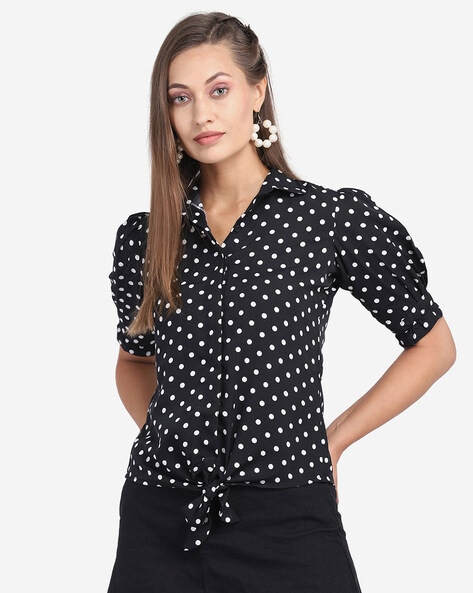 black polka dot button down shirt