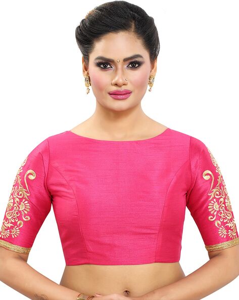 Fuschia pink rose design embroidered front boat neck net readymade