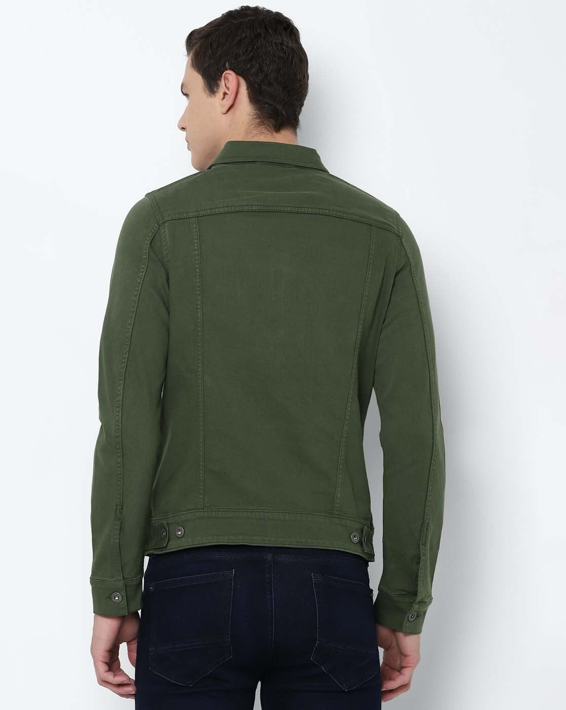 Men Olive Green Solid Denim Jacket