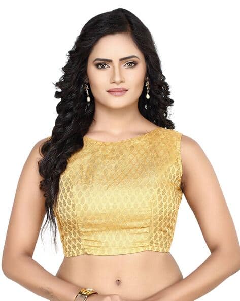 Brocade Boat Neck Back Open Blouse