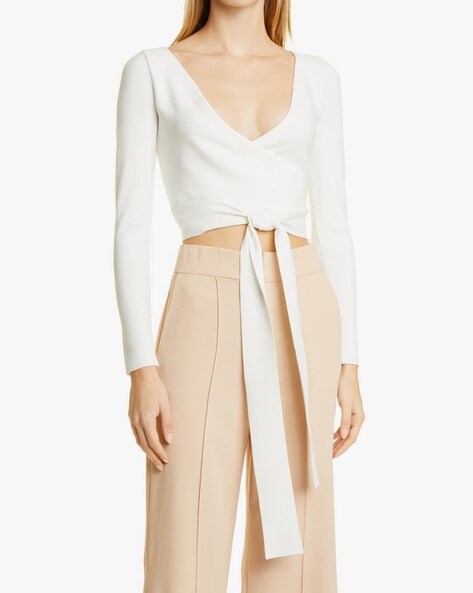 Buy Alice and Olivia V-neck Wrap Top with Waist Tie-Up, White Color Women