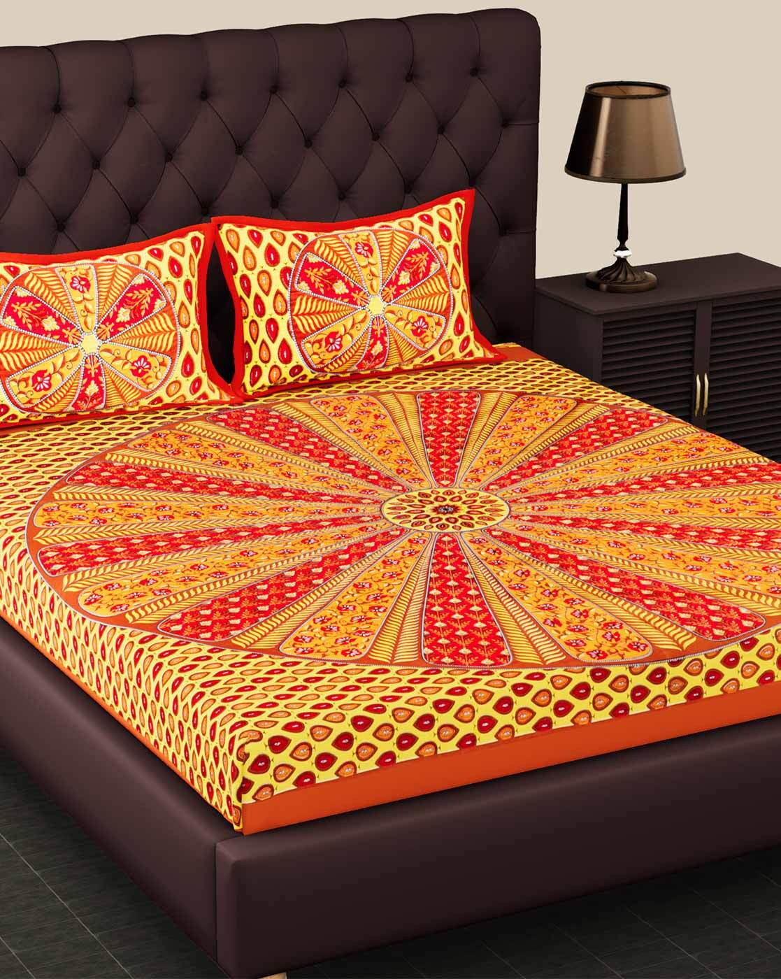 Buy Orange Traditional 300 TC Cotton 1 Double Bedsheet with 2 Pillow Covers  by Jaipur Fabric at 41% OFF by Jaipur Fabric