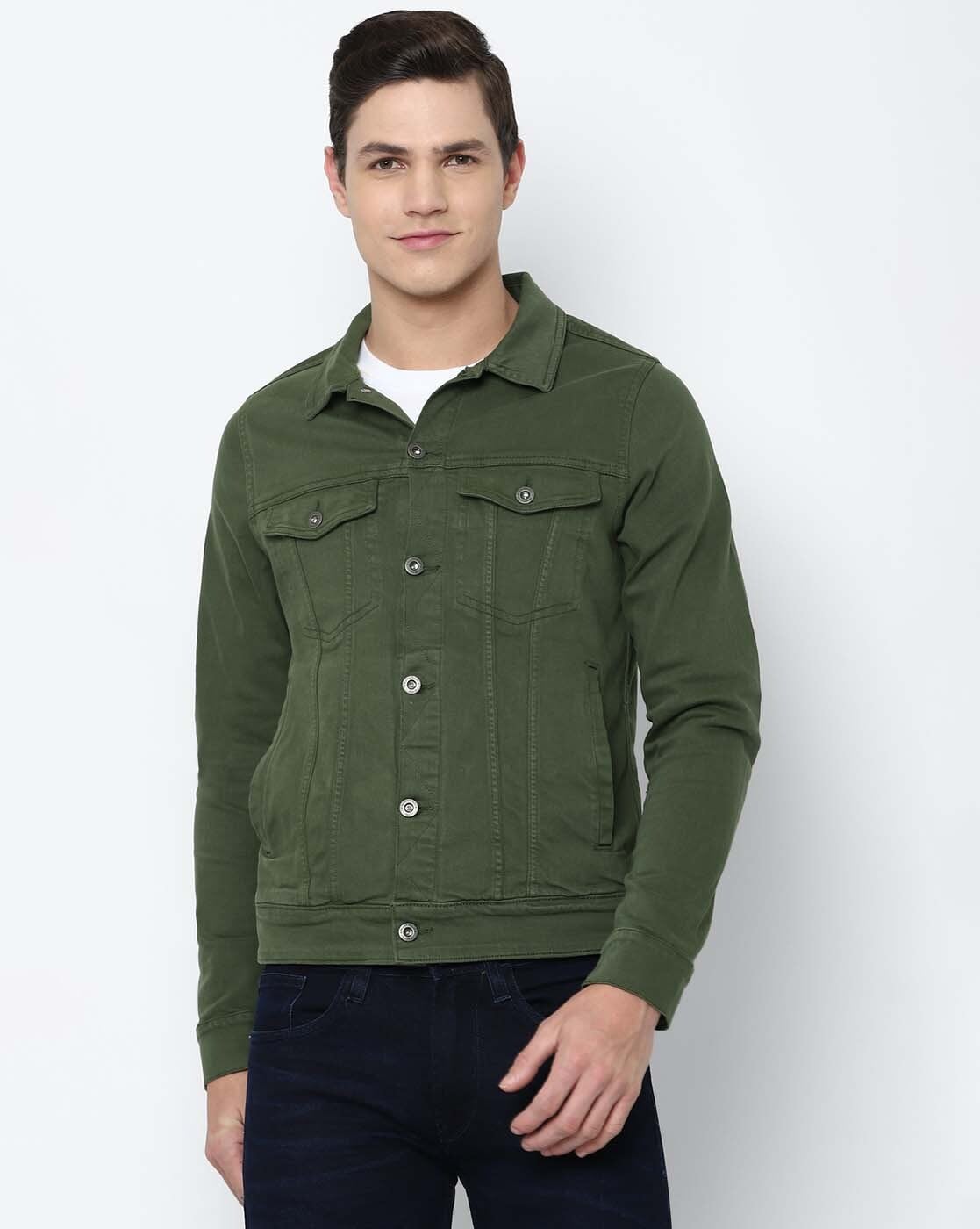 Full Sleeve Casual Wear Mens Olive Green Denim Jacket, Size: M-XL