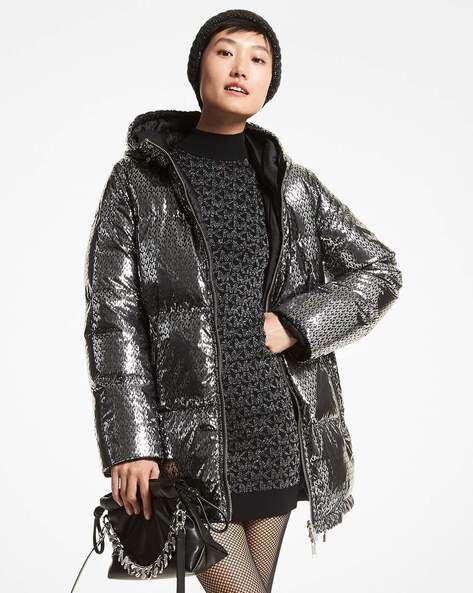 Buy Michael Kors Reversible Metallic Satin Cire Hooded Puffer Jacket |  Silver & Black Color Women | AJIO LUXE