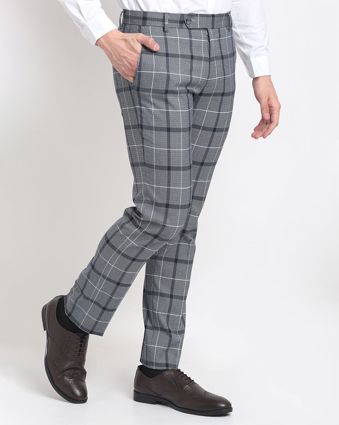 Trousers With Belt Loop  Grey Classic Checkered Stretchable  Zeve Shoes