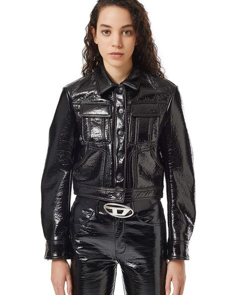 Womens Short Faux Patent Leather Jacket Shiny Black Glossy Casual Top Girl  Zip | eBay