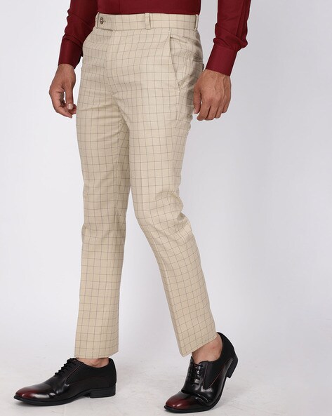 Caridi Cream/Beige Cream Check Trousers | Mr. Munro