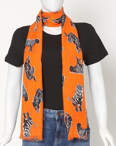 Graphic Print Scarf with Frayed Hemline Price in India