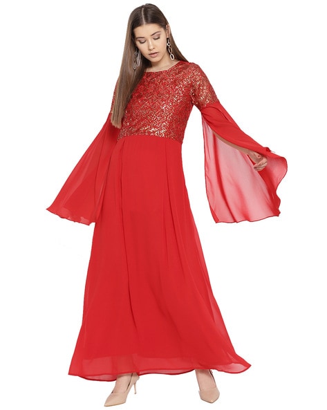 Medieval Elastic Diamond Slip-Neck Black Red Gradient Gothic High Slit Lace Long  Sleeve Dress - Magic Wardrobes
