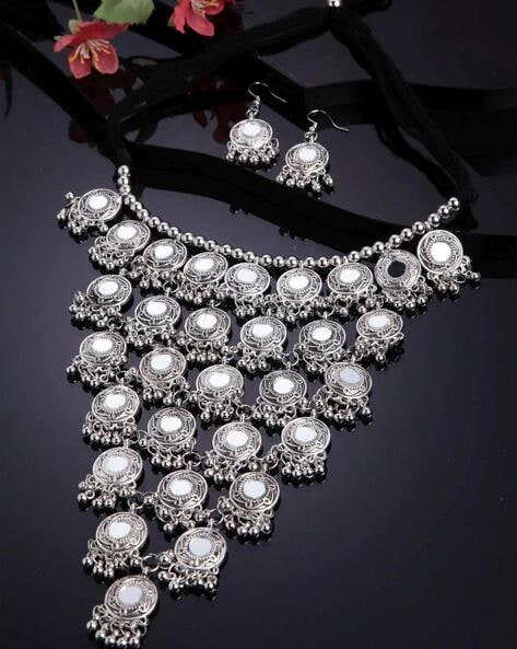 Buy Black Metal Long Oxidised Silver Necklace Set with Earrings Online –  The Jewelbox