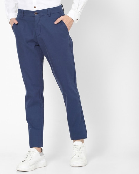 Buy BASICS Casual Plain Navy Cotton Stretch Tapered Trousers 21BCTR47677  at Amazonin
