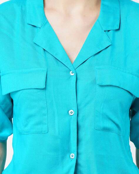 Buy BUTTONED GREEN FLAPPY-POCKET RELAXED CROP SHIRT for Women Online in  India