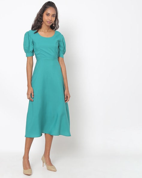 Grizelda - Puff-Sleeve Short-Sleeve Midi A-Line Dress | YesStyle