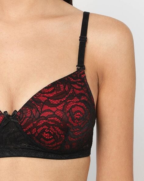 BLACK And RED LACE BRA ADJUSTABLE RED STRSPS SIZE 36C, push up padded