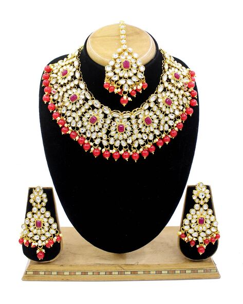 Buy ZENEME Gold-Plated Red Pearl Studded South Indian Style Necklace &  Earring Temple Jewellery Set for Women Online at Best Prices in India -  JioMart.