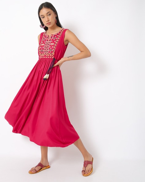 Altiven Women's Red Printed Sleeveless Cotton Slub Streps Neck Casual Dress
