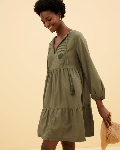 v neck khaki dress