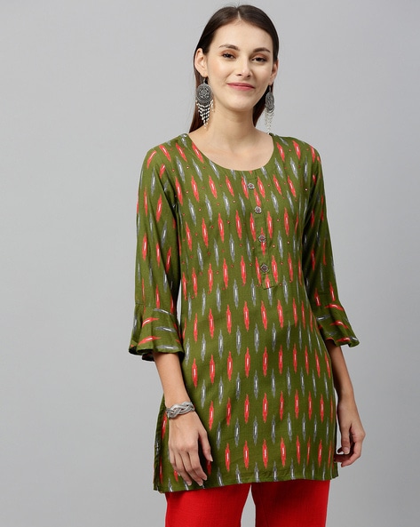 Abstract - Women Kurtas Online at Soch - Grey Cotton Ikkat Printed Kurta  with Kanthastitch And Sequins