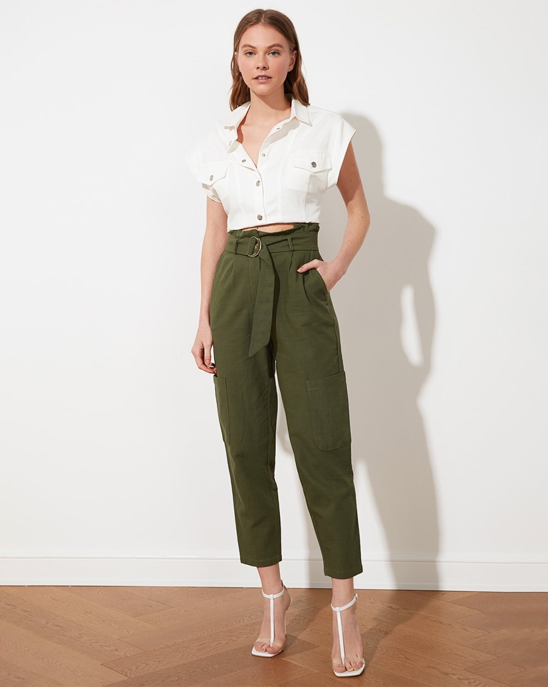 Phillip Lim Women Khaki Green Paperbag Pants 100% Wool Belted Trousers Size  US 4 | eBay