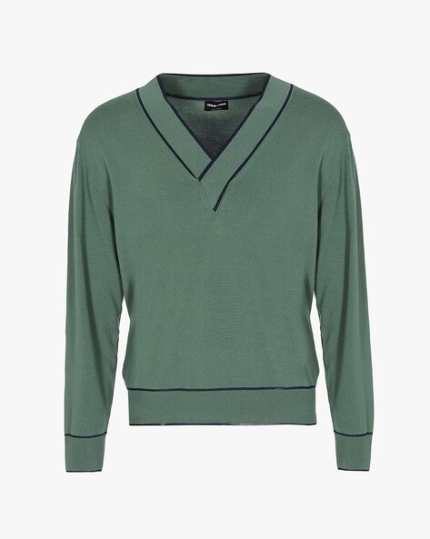 Buy GIORGIO ARMANI V-neck Regular Fit Pullover | Green Color Men | AJIO LUXE