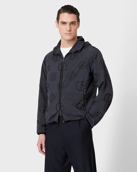 Buy GIORGIO ARMANI Logo Print Zip-Front Hoodie with Zipper Pockets