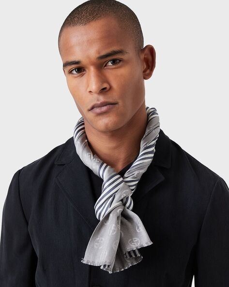 Buy GIORGIO ARMANI Logo Print Reversible Scarf Grey Color Men