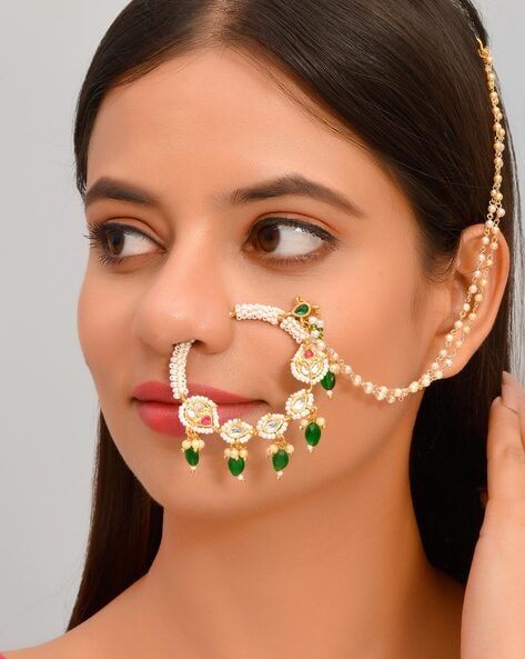 Buy RUBY RAANG STUDIO Maharani Kundan Nose Ring With Pearl Chain Online