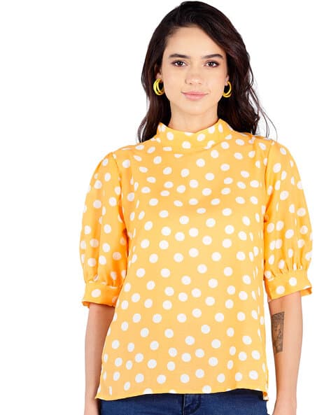 Polka-dotted High-Neck Top with Tie-Up Back