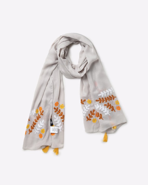 Floral Embroidered Scarf with Tassels Price in India