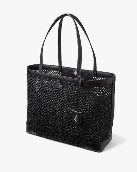 Buy Jimmy Choo Nine2Five Raffia Net Leather Tote Bag | Black Color  