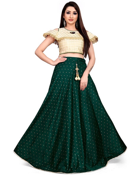 Buy Pista Green Poly Georgette Flared skirt with crop top Online -  KARMAPLACE — Karmaplace