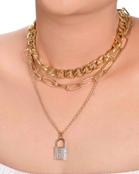 Stone-Studded Lock Pendant Layered Chain