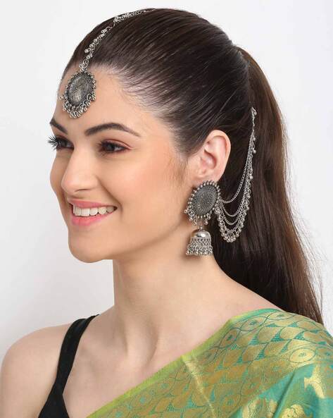 Silver  Golden Alloy Oxidized Afghani Earring With Ear Chain Packaging  Type Bopp