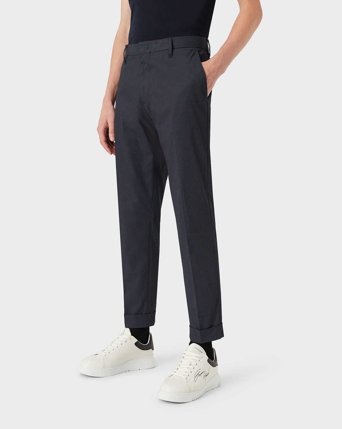 Buy EMPORIO ARMANI Relaxed Fit Flat-Front Trousers | Grey Color