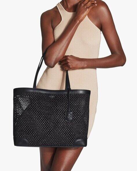 Buy Jimmy Choo Nine2Five Raffia Net Leather Tote Bag | Black Color  