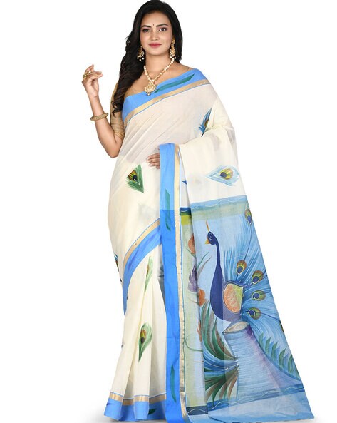 Blue Hand Painted Handloom Tussar Saree – Vijayalakshmi Silks