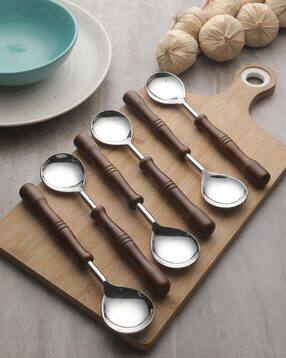 6-piece Stainless Steel Spoon Set with Wooden Handles