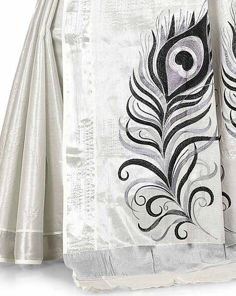 Cream embroidery kerala saree features square-shape buttas on its body &  pallu, zari border