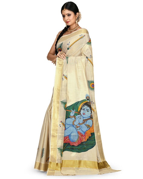 Floral Printed Gold Tissue Set Saree with elegant wide color border