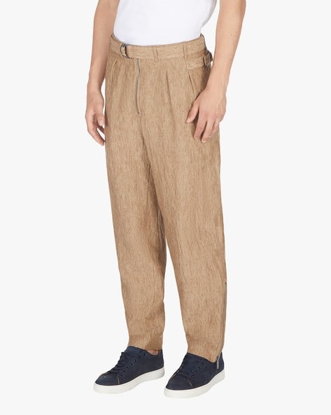 Buy EMPORIO ARMANI Men Relaxed Fit Flat-Front Linen Trousers
