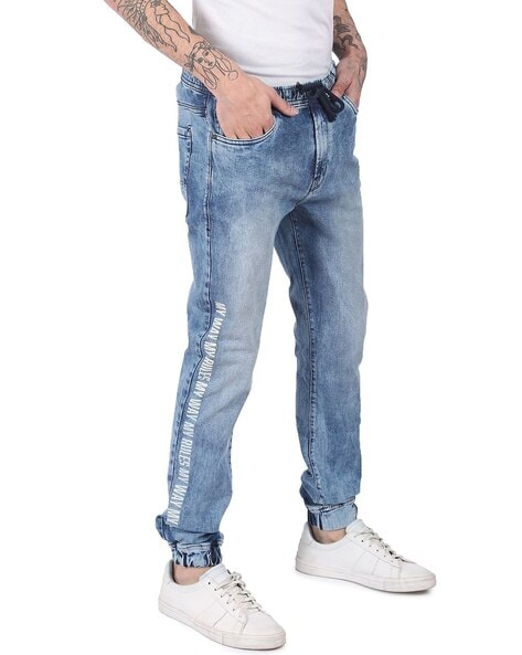 Washed Denim Joggers Jeans - Blue 4450 | Mens joggers outfit, Denim joggers  mens, Ripped jeans men