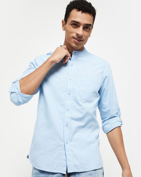 Mandarin Collar Shirt with Patch Pocket