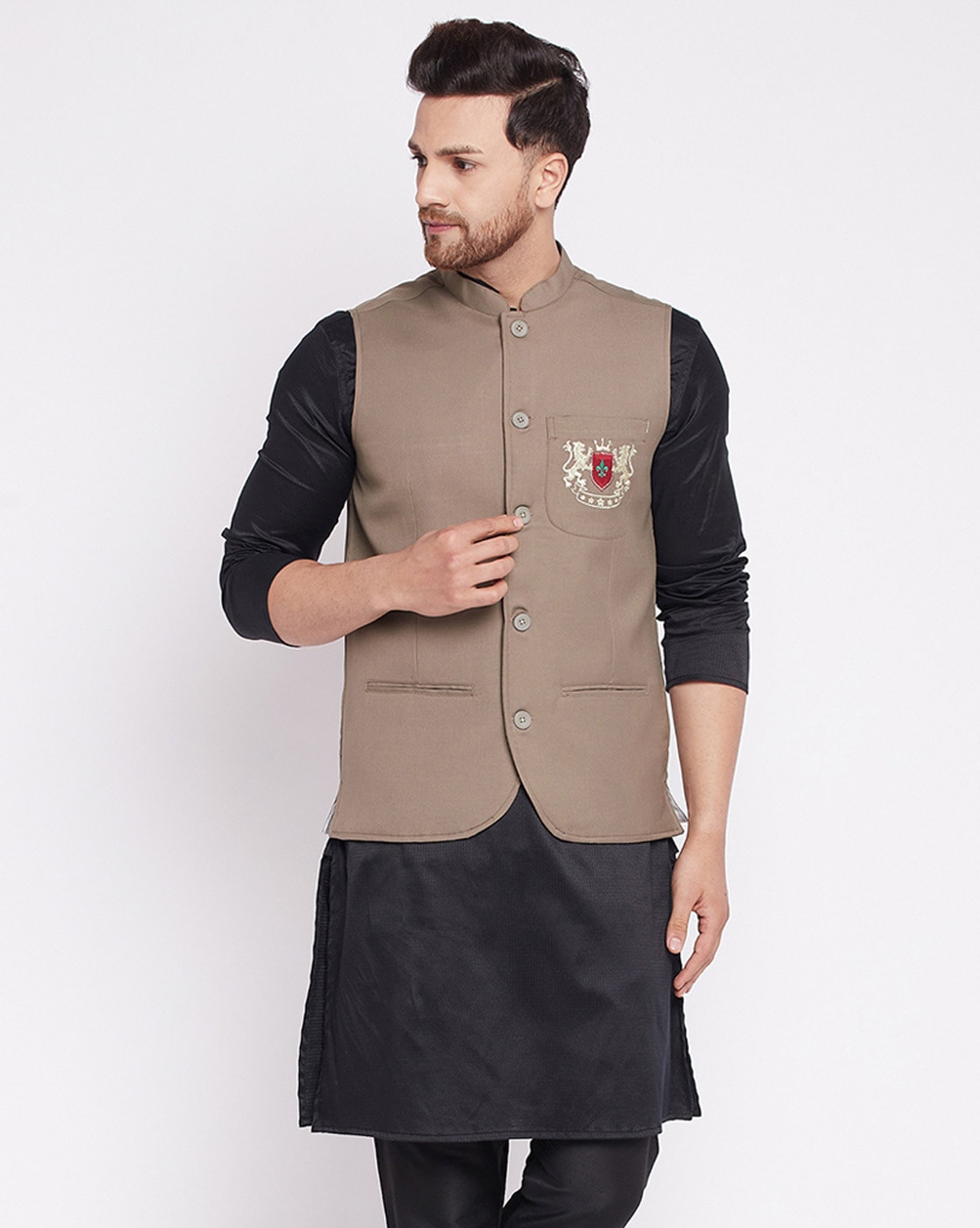 Men's Navy Blue Ethnic Motifs Kurta with Pyjamas & Nehru Jacket