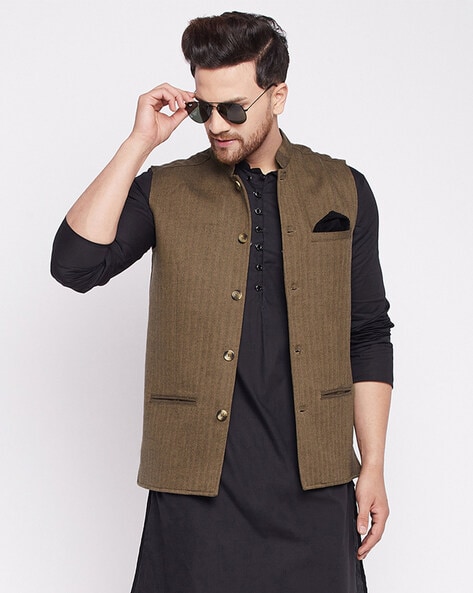 Brown Printed Nehru Jacket Design by Mayank Modi at Pernia's Pop Up Shop  2024